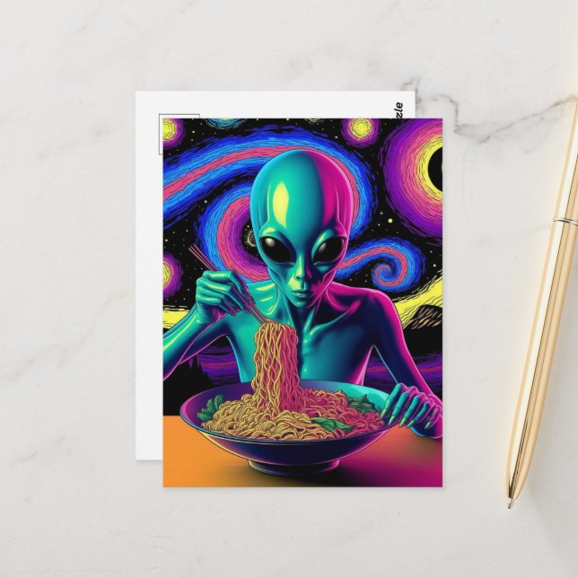 Cartão Postal Blue Alien Eating Noodles  (Frente/Verso In Situ)