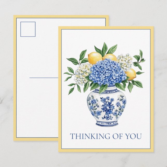 Cartão Postal Blue and White Chinoiserie Vase With Hydrangeas (Frente/Verso)