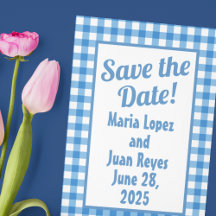 Blue and White Gingham Frame Save-the-Date