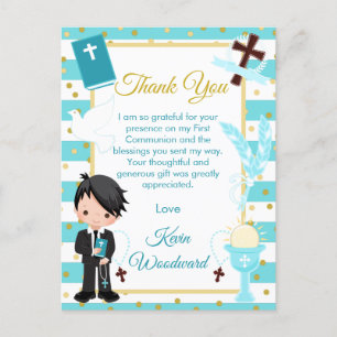 Cartão Postal Blue Black Hair Boy Primeira Comunhão Obrigado
