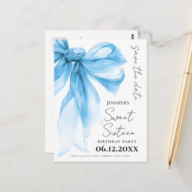 Cartão Postal Blue Bow Coquette Sweet 16 Save the Date  (Frente/Verso In Situ)