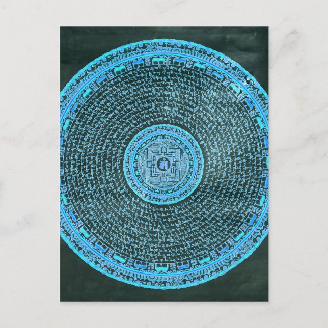 Cartão Postal Blue Fire Tibetano Mandala Art (Turquesa e Preto) (Frente)