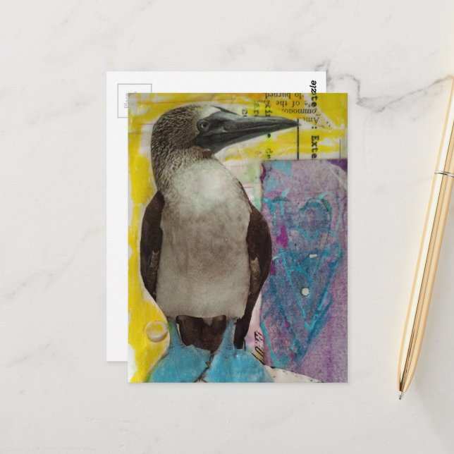 Cartão Postal Blue Footed Bird mixed media collage (Frente/Verso In Situ)