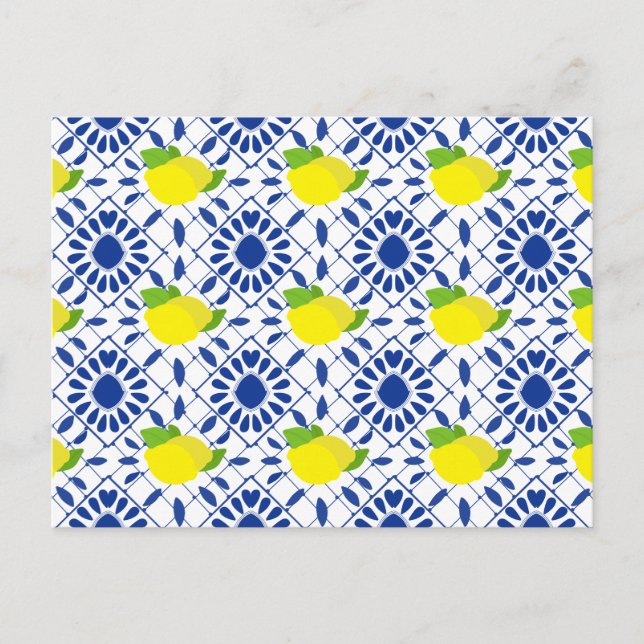Cartão Postal Blue Geometric Lemon Tile (Frente)