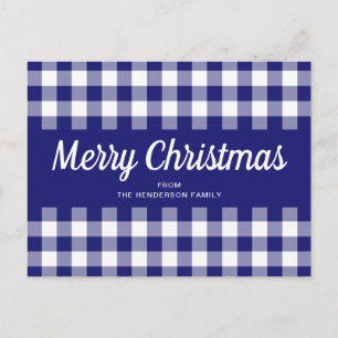 Cartão Postal Blue Gingham - Script de Xadrez Feliz Natal