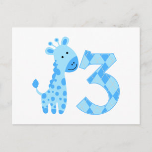 Cartão Postal Blue Giraffe aniversário de 3 anos