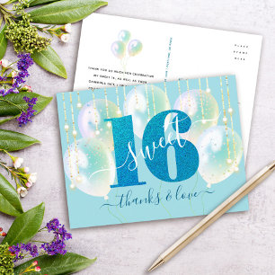 Cartão Postal Blue Glitter Sweet 16 Balão de Aniversário Obrigad