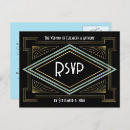 Cartão Postal Blue & Gold Art Deco Gatsby-Inspired Wedding