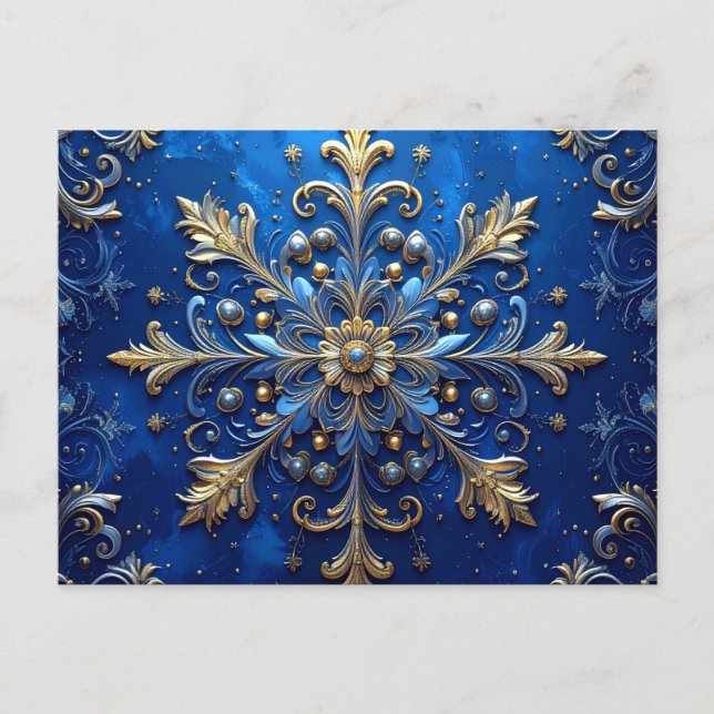 Cartão Postal Blue Gold Decorative Holiday Postcard (Frente)