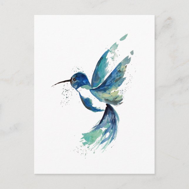 Cartão Postal Blue Hummingbird Watercolor (Frente)