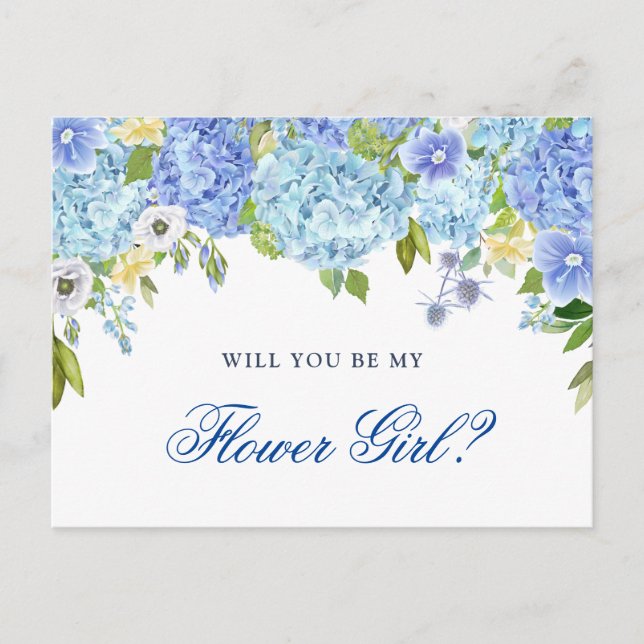 Cartão Postal Blue Hydrangea Floral Você Será Minha Menina Flor (Frente)