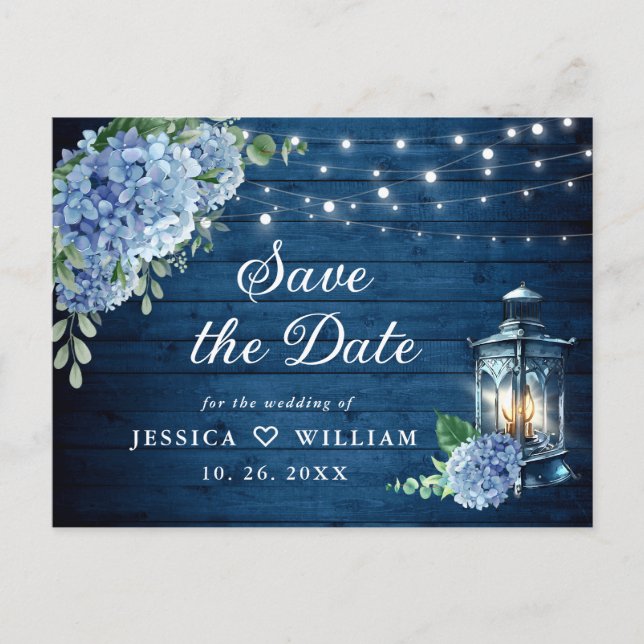 Cartão Postal Blue Hydrangea Lanterna Casamento Salve a Data (Frente)