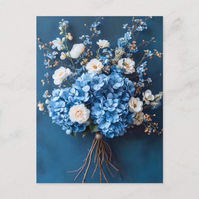 Cartão Postal Blue Hydrangeas and White Blossoms (Frente)
