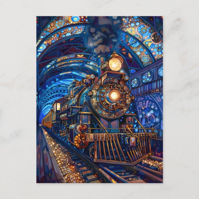 Cartão Postal Blue Magical Steampunk Train Loco Faux Mosaic 065 (Frente)