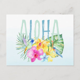 Cartão Postal Blue Mint Aloha Floral Tropical Watercolor