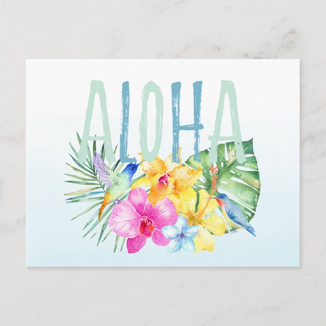 Cartão Postal Blue Mint Aloha Floral Tropical Watercolor (Frente)