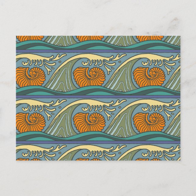 Cartão Postal Blue Ocean Waves Nautilus Seashell Patterno Nouvea (Frente)