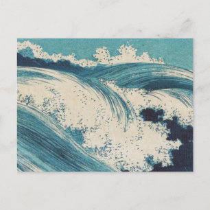 Cartão Postal Blue Ocean Waves Woodcut