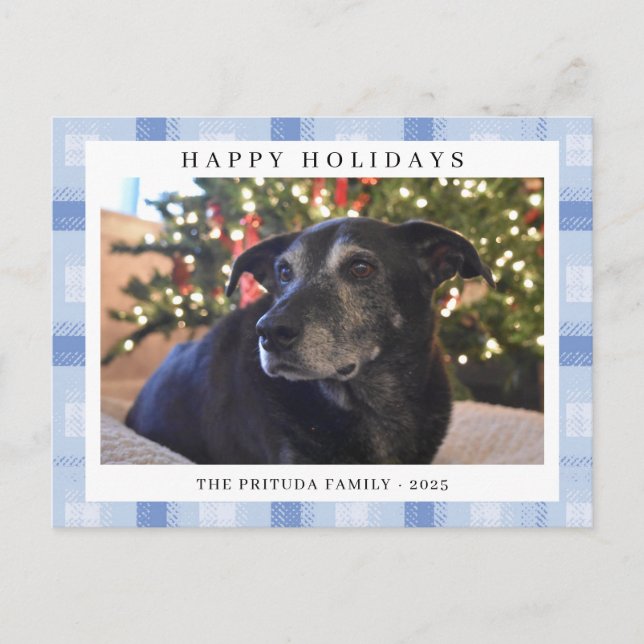 Cartão Postal Blue Plaid Holiday Photo (Frente)