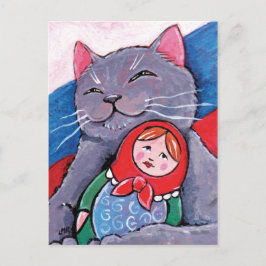 Cartão Postal Blue Russo e Boneca Babushka | Arte de Gato Patrió