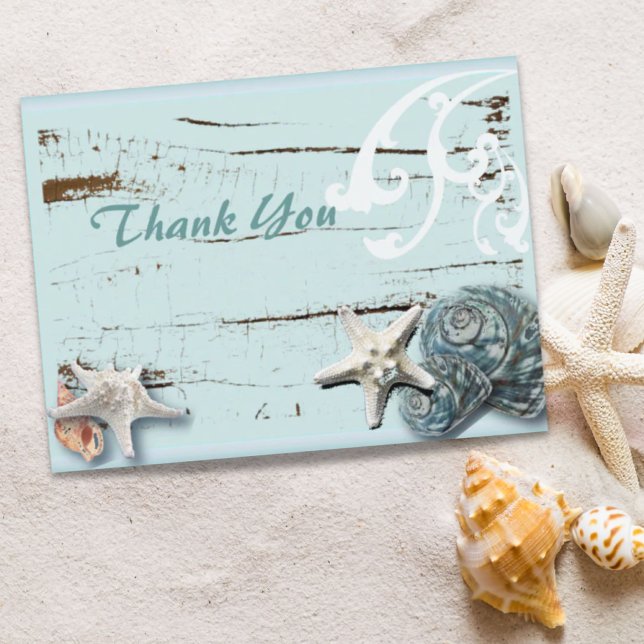 Cartão Postal BLue Seashells obrigado de casamento em praia (BLue Seashells Beach Wedding thank you Postcard)