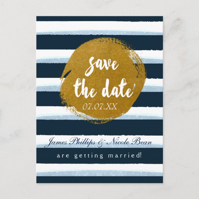 Cartão Postal Blue Striped & Gold Foil Save The Da (Frente)