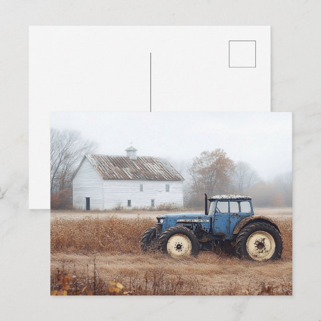 Cartão Postal Blue Trator Barn e Field (Frente/Verso)