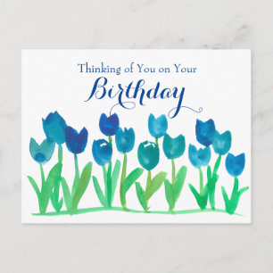 Cartão Postal Blue Tulip Watercolor Flowday Feliz Aniversário
