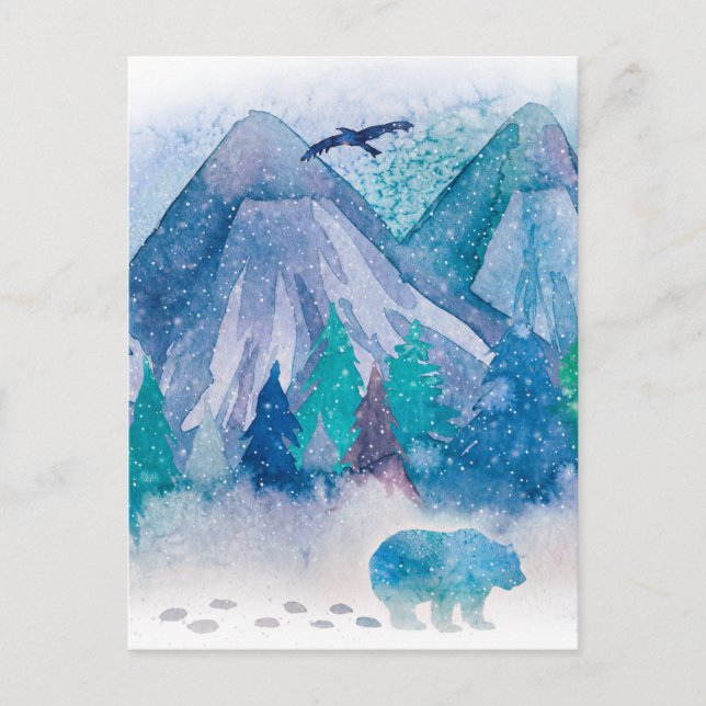Cartão Postal Blue Watercolor Winter Mountain Landscape Art (Frente)