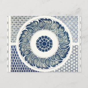 Cartão Postal Blue White Floral Chinês redondo