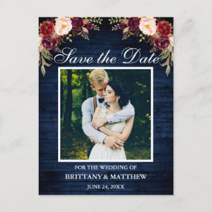 Cartão Postal Blue Wood Burgundy Foto Floral Salvar Data