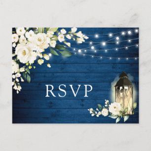 Cartão Postal Blue Wood White Roses Rustic Weding RSVP