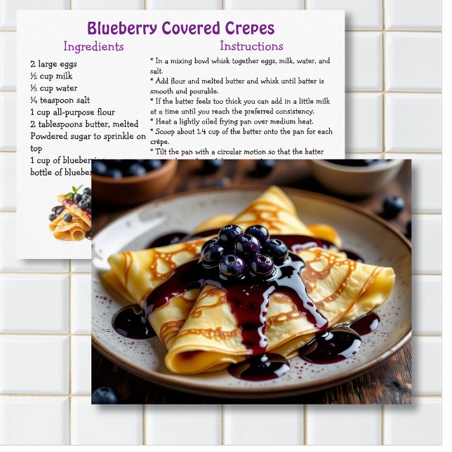 Cartão Postal Blueberry Covered Crêpes Recipe Card (Criador carregado)
