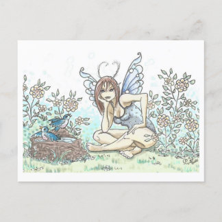 Cartão Postal Bluebird Bath Fairy Illustration Art Impressão