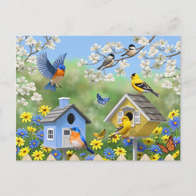 Cartão Postal Bluebird Goldfinches Birdhouses Fllower Garden (Frente)