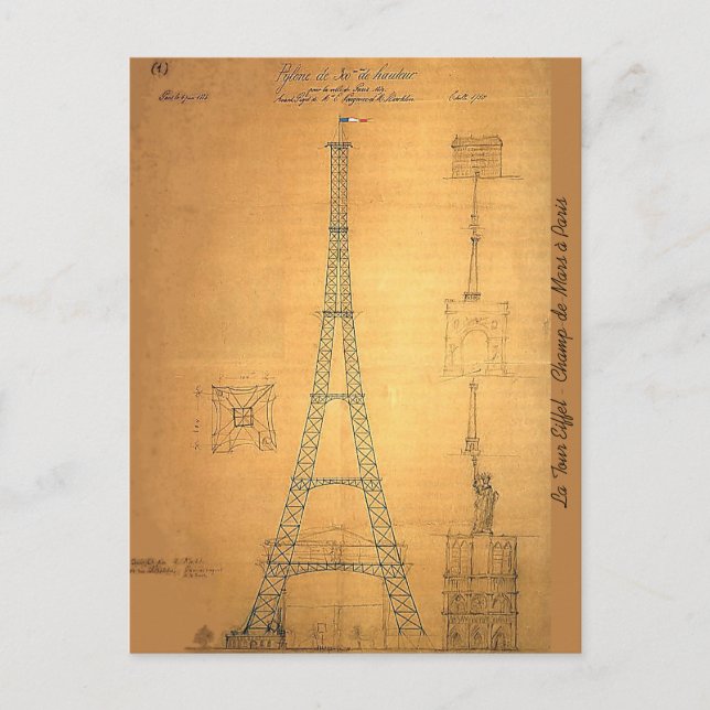 Cartão Postal Blueprint de torre Eiffel 1884 (Frente)