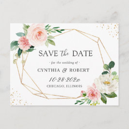 Cartão Postal Blush Chic Floral Dourado Geométrico Salvar a Data