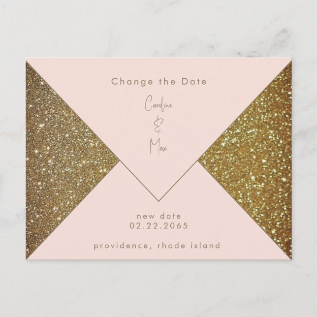 Cartão Postal Blush e Dourado Glam Weding Alterar a Data (Frente)