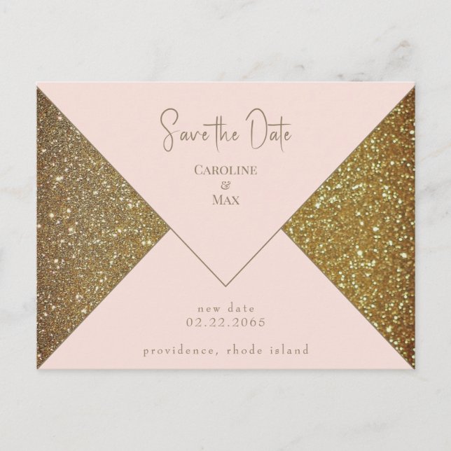 Cartão Postal Blush e Dourado Glam Weding (Salvar data) (Frente)