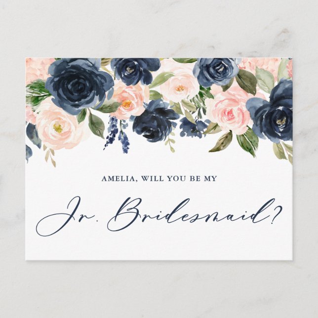 Cartão Postal Blush e Marinho Floral Você Será Minha Bridesmaid  (Frente)