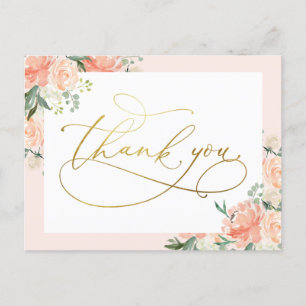 Cartão Postal Blush Floral e Dourado Script Obrigado
