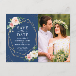 Cartão Postal Blush Floral Marinho Blue Geo Frame Salvar a Data