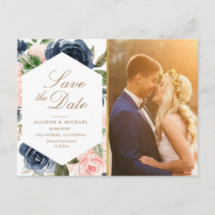Cartão Postal blush floral marinho foto azul salve a data