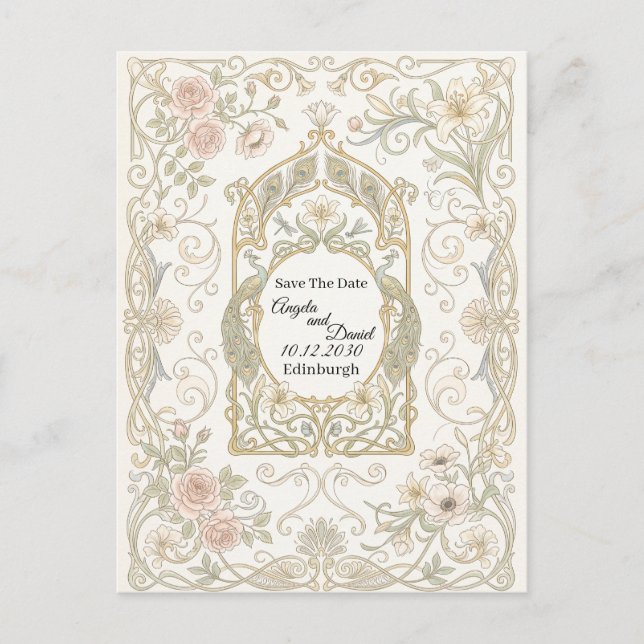 Cartão Postal Blush Gold Barroco Save the Date (Frente)