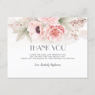 Cartão Postal Blush Pink Watercolor Flowers Birthday Thank You