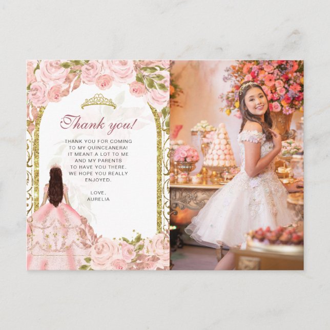 Cartão Postal Blush Rosa Floral Foto Quinceañera Obrigado (Frente)