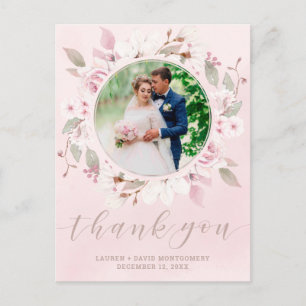 Cartão Postal Blush Rosa Floral Wreath Foto de casamento Obrigad