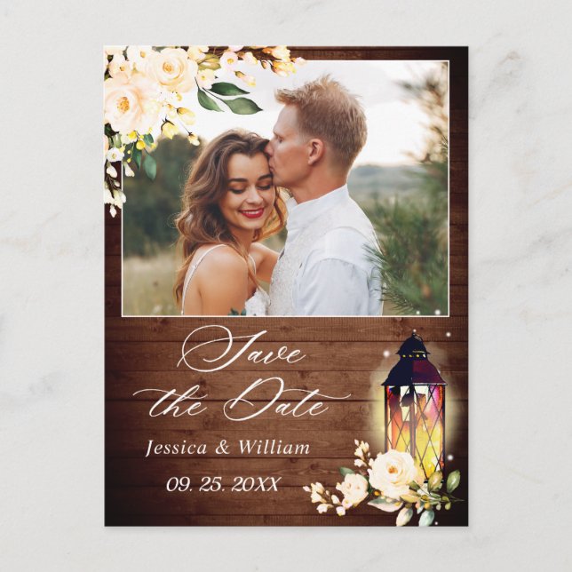 Cartão Postal Blush Rosa Rustic Wood PHOTO Casamento Salve a Dat (Frente)