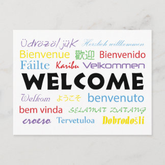 Cartão Postal Boas-vindas em muitos idiomas Backgroun branco