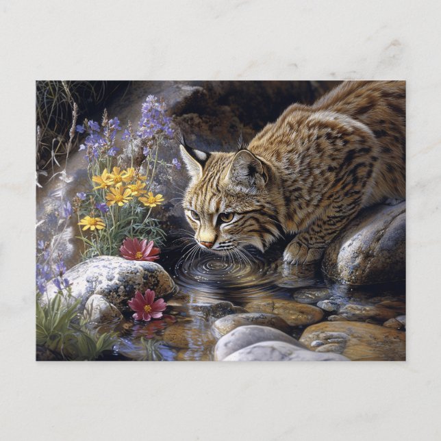 Cartão Postal Bobcat com flores silvestres Arte cônica (Frente)